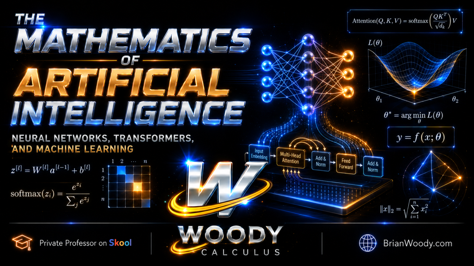 Woody Calculus featured image explaining the mathematics of artificial intelligence with neural networks, transformers, attention, machine learning, gradients, vectors, matrices, and optimization.