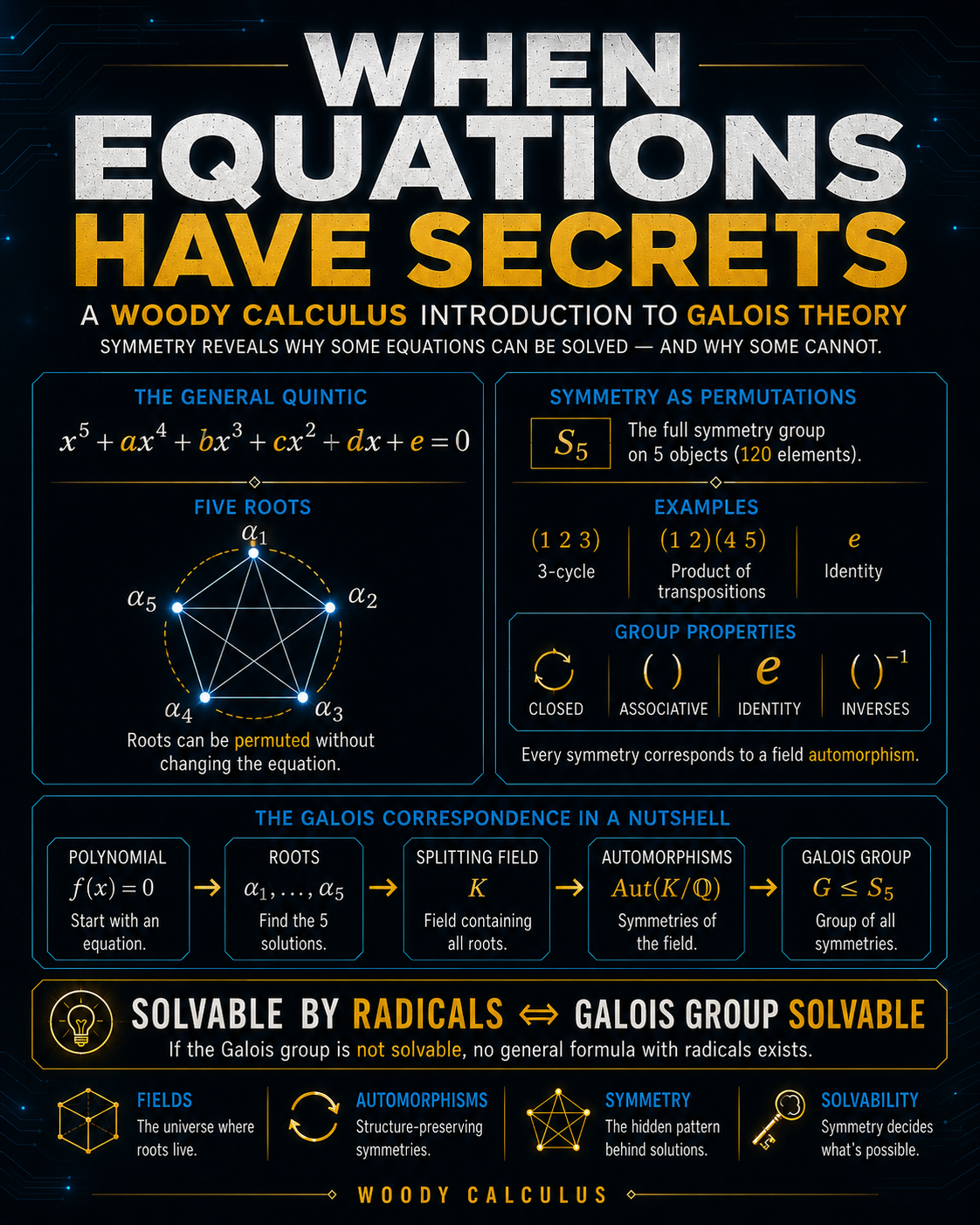 Galois theory diagram showing hidden symmetry, field extensions, Galois groups, and polynomial roots