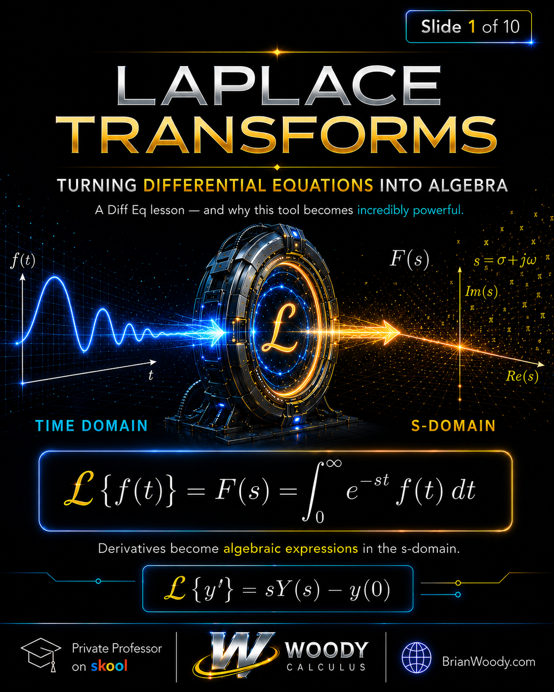 Laplace transform visual showing a time-domain function converted into an s-domain algebraic expression